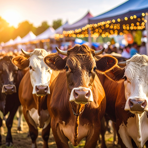 A group of cows standing in front of lighted festival tents.